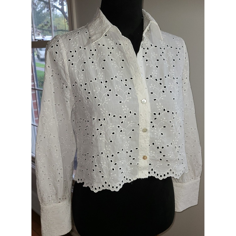 NWOT Zara White Eyelet Lace Button Up Blouse Scalloped Hem Cottagecore Boho M